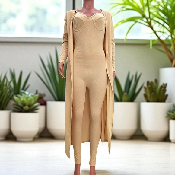 New 2 PIECE Apricot Rib-Knit Form Fitting Cami Jumpsuit With Long Cardigan - Picture 14 of 16